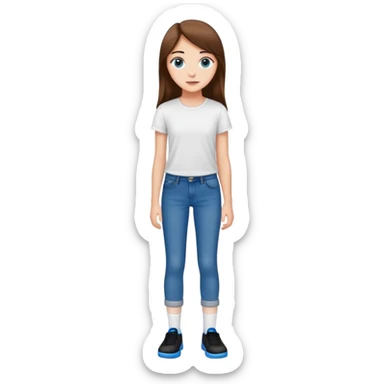 A cute 16 year old white girl that has long straight brown hair wearing a white T shirt as well as long tight blue jeans with BROWN eyes, and wearing black socks and blue shoes sticker