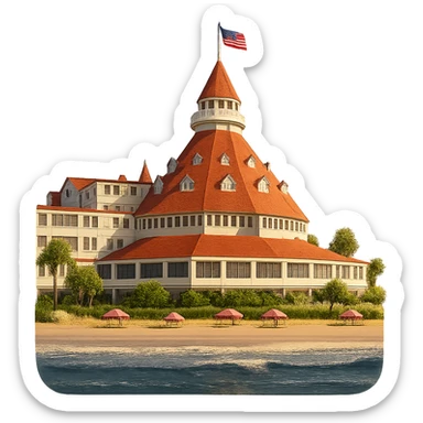 cinematic, realistic emoji of the landmark beachfront Hotel Del Coronado in San Diego, viewed from the ocean, showing the hotel and its beach, with majestic, ornate architecture, lifelike detail, bright regal lighting as on a sunny day, building in accurate shade of white, roof tiles in accurate orange color sticker