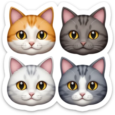 4 different coloured short haired cats including; a dark brown tabby and white cat, and a dark grey and white  sticker