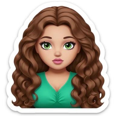  long brown wavy hair, light skin, green eyes, pretty bratz baddie, big plus size , black eyeliner, blush,  sticker