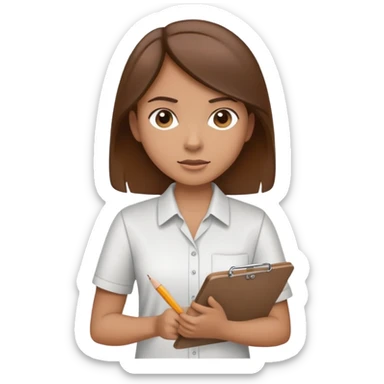 Intern or volunteer with brown hair holding a clipboard and pencil, ready to take notes or assist. The character wears a simple shirt and has an eager posture sticker