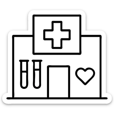 Modern clinic building facade with a red cross medical symbol, test tubes and a small heart icon, clean minimalist medical facility exterior sticker