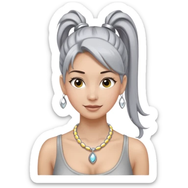 Female with very long + big Silver Necklace, grey skin,ponytail hair, more bright silver,highlight necklace, different expressions. sticker