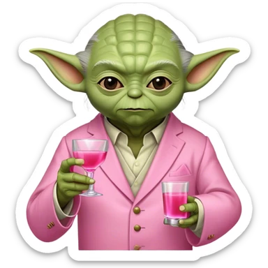 master yoda in pink suit holding pink tequila shot sticker
