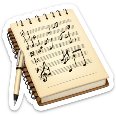 Create an emoji representing songwriting. The design should feature an open notebook or sheet music with visible lyrics and musical notes, symbolizing the process of writing song lyrics. A pen or pencil should be placed near the notebook, indicating active writing. Optionally, include a vintage microphone or a quill to add a creative touch. Use a harmonious color palette with warm and neutral tones. Do not include any emojis or smiley faces. Make the background transparent. sticker