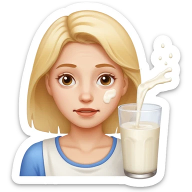 Woman with milk spilled on her face with satisfactory expression sticker