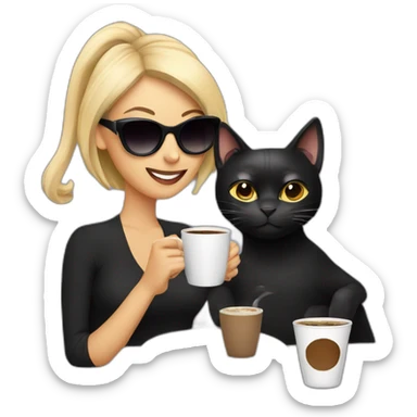 black cat with blonde woman drinking coffee and wearing sunglasses sticker