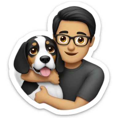 A man with black-hair and glasses hugging a beagle sticker