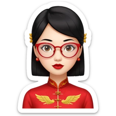 an oriental lady in a red cheongsam, red lipstick, winged eyeliner, fair light pinkish skin, small nose, thick sensual lips, average build, transparent glasses, mid-length black hair sticker