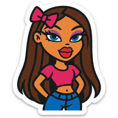 Bratz doll character with brown hair and a pink bow on her hair sticker