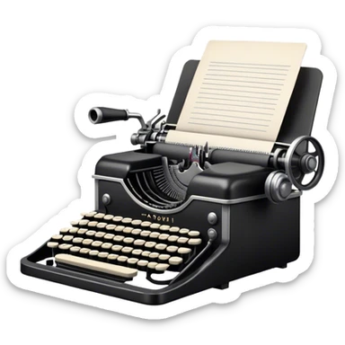 Create an emoji representing screenwriting. The design should feature an open script with visible dialogue and action lines, symbolizing the writing of a screenplay. Include a classic typewriter or a modern writing device, such as a laptop, to signify the process of creating a script. Add a cinema camera next to the script to emphasize the cinematic aspect of screenwriting. Use a professional color palette with black, white, and subtle metallic tones. Do not include any emojis or smiley faces. Make the background transparent. sticker