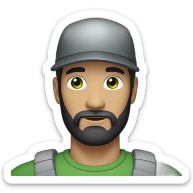 Man with black hair and beard, and green eyes, and a gray caps sticker