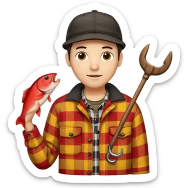 vit Ung man med svart keps röd gul rutig flanellskjorta hållandes en brun båtshake med hängande jättestor torsk sticker