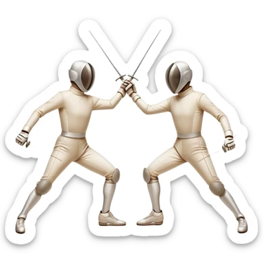 Two fencers in symmetrical stances, with crossed épées in front of them. Their forms are elegant and precise, showcasing the balance and strategy of fencing. The background features a blurred fencing piste, with subtle motion lines to emphasize the elegance and speed of the sport. sticker