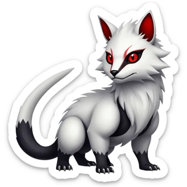 a white exotic edgy vernid-fionbr-Fakémon-creature, with black belly and red eyes, full body sticker