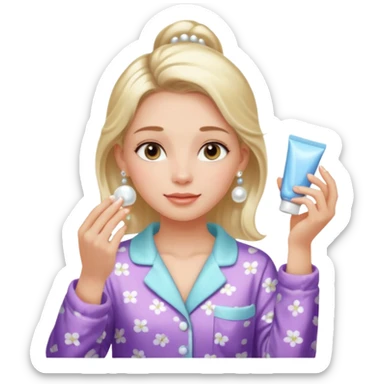 Clean girl aesthetic emoticons, apply skincare products, pearl earrings, glowing skin, pajamas, soft lighting sticker