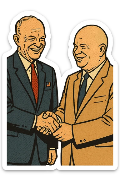 US President Eisenhower wearing a suit with a US badge on the chest shaking hands with Soviet leader Khrushchev and smiling sticker