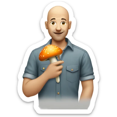 bald man in casual shirt eating mushroom sticker