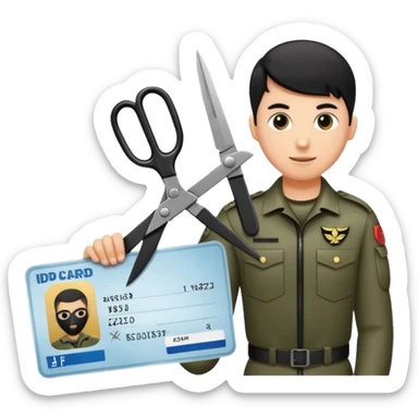 Floating black Scissors cutting an idf soldier ID card in 2 parts .hyper realistic sticker
