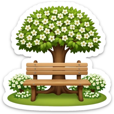 beautiful bench against the background of a tree with blooming white flowers sticker