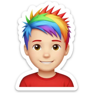 Boy with rainbow streaks — short spiky hair glowing under light, red T-shirt sticker