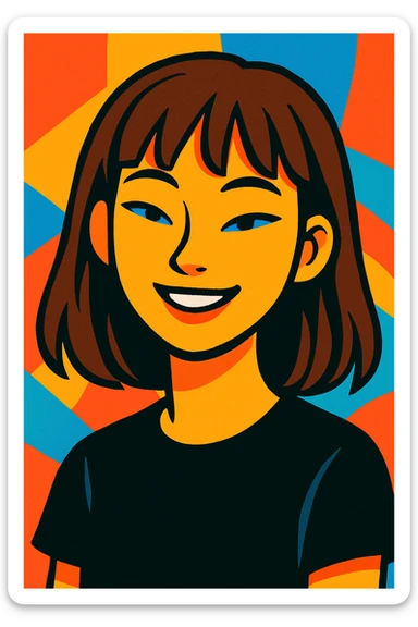 a girl with narrow Asian blue eyes, brown hair, and a small bang below her shoulders, wearing a black T-shirt, vibrant cartoon style sticker