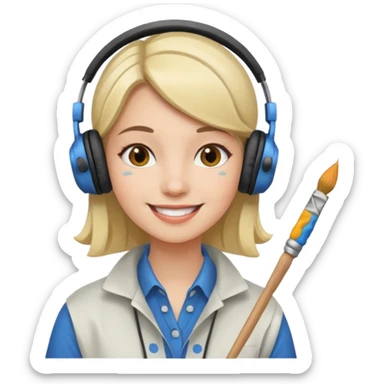 female artist wearing headphone, holding painter sticker