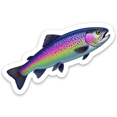 jumping realistic rainbow trout fish bright saturated purple blue green yellow white with scales and black speckles sticker