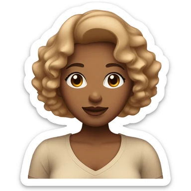 tan skin woman with chubby cheeks and straight slightly wavy hair, two toned lips, not so big eyes and curly eyelashes, wearing a v-neck short sleeves, broad shoulders, has a dark feminine energy sticker