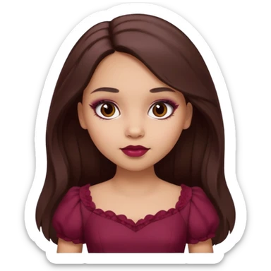 a light skin girl with long brunette hair. with dark brown eyes and slightly slanted. wear a doll like make-up with maroon dress.  sticker