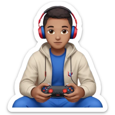 Black Muslim gamer sitting in a gaming setup with LED lights (red/blue), PS5 2025 controller in hand, confident pose, headphones around neck, posters and shelves in background, high-resolution portrait, crisp details, cinematic lighting. sticker
