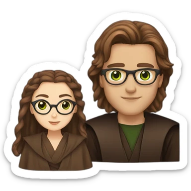 anakin with glasses and padme with green eyes, long brown hair sticker