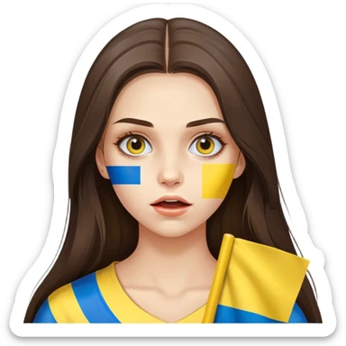 Brunette woman with long hair, Ukrainian flag (blue and yellow) painted on her cheek, surprised expression sticker