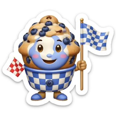 smiling blueberry muffin holding a small checkered flag sticker