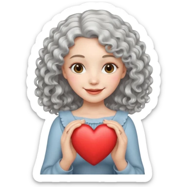 silvery curly/wavy shoulder-length hair smiling lady holding a heart but finer hair sticker