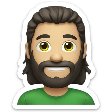 a white guy with dark brown long hair green eye beard black tshirt thumb up sticker