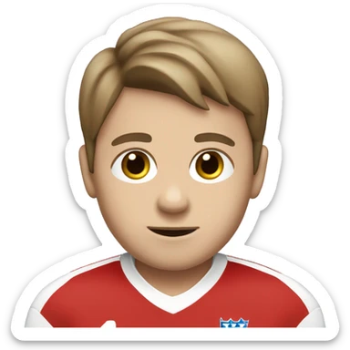 A white person with a England football jersey on dark brown neat hair who is a boy sticker