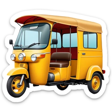 Cinematic Realistic Tuk Tuk Emoji, depicted as a vibrant iconic three-wheeled vehicle with bold colors and a compact design, rendered with crisp textures and dynamic urban lighting that captures its quintessential Thai charm. sticker