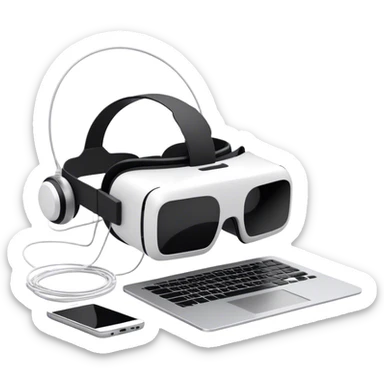 VR headset lying next to a laptop, connected by wires. On the laptop screen a VR/AR modeling program is opened. Floating 3D models or virtual objects. Modern, tech-inspired colors. No emojis or smiley faces. Transparent background. sticker