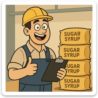 cartoon style factory worker happily confirming and receiving a new order, smiling, holding a clipboard or giving a thumbs up, with golden sugar syrup bags in the background, modern and cheerful scene sticker