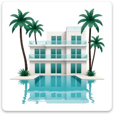 white villa with swimming pool and dark green palm trees, minimalism, no emojis or faces, white background sticker