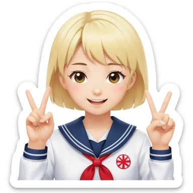 Energetic anime girl with short blonde hair wearing Japanese sailor style school uniform, winking and making double peace signs, very cheerful and bubbly, kawaii style sticker
