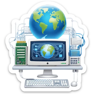 An icon featuring a computer monitor displaying code, a globe with network nodes, and a circuit board, symbolizing IT. The design includes data streams, cloud storage, and a keyboard, representing digital innovation, connectivity, and problem-solving. Transparent background sticker
