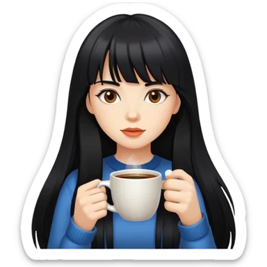 A girl with long black hair and bangs drinking coffee sticker