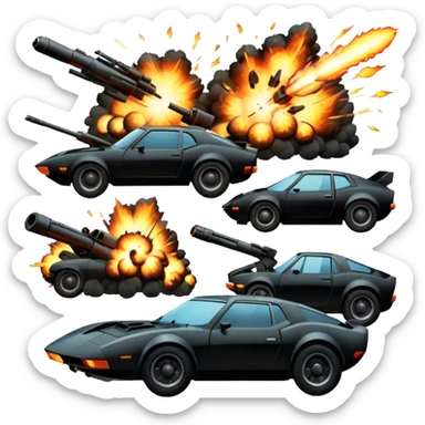 Photorealistic Icon for Action Movies: Dynamic close-up collage of iconic action movie scenes featuring explosions, fast car, combat and weapons. Include silhouettes of famous action heroes, dramatic lighting and a sense of high-octane energy. Transparent background. sticker