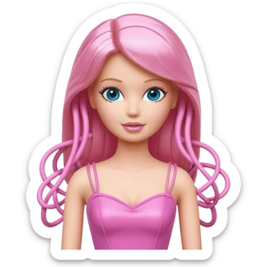 plastic barbie doll tightly bound with tangled AUX cables. sticker