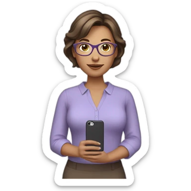  Woman with brown hair, cut short to the shoulders, wearing a lavender blouse, accessorized with gray glasses, and holding a cell phone in her right hand. sticker