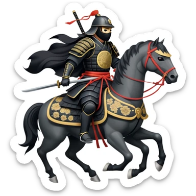 clash-of-clans-aesthetic_-cinematic-fearsome-and-majestic-samurai-bust-portrait-emoji, rendered in a flat, vector-style with minimal shading and bold, simplified shapes typical of emoji art, depicting a battle-hardened samurai with black mask and traditional black Japanese armor. The samurai is riding a noble grey warhorse adorned with an intricately designed saddle and fluttering banners and a rising sun. a samurai riding on a  horse sticker