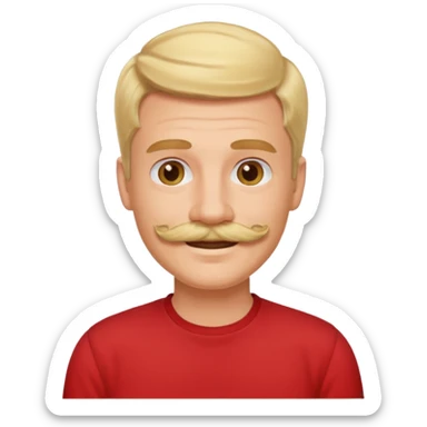 blond hair man smile warmly with mustache red shirt sticker