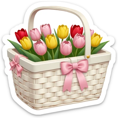 A white Picnic basket with light pink bow, white peonie, tulips sticker